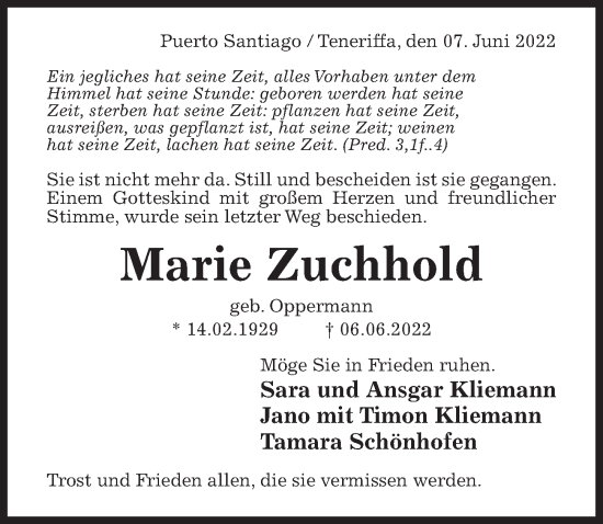 Traueranzeige von Marie Zuchhold von Hildesheimer Allgemeine Zeitung