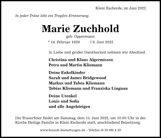 Traueranzeige von Marie Zuchhold von Hildesheimer Allgemeine Zeitung