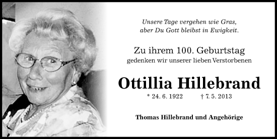 Traueranzeige von Ottillia Hillebrand von Hildesheimer Allgemeine Zeitung