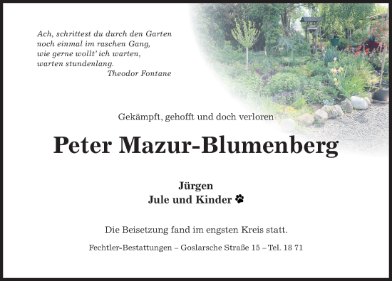 Traueranzeige von Peter Mazur-Blumenberg von Hildesheimer Allgemeine Zeitung