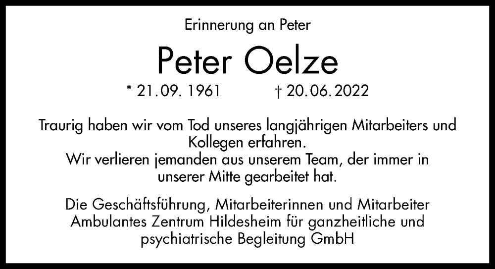  Traueranzeige für Peter Oelze vom 25.06.2022 aus Hildesheimer Allgemeine Zeitung