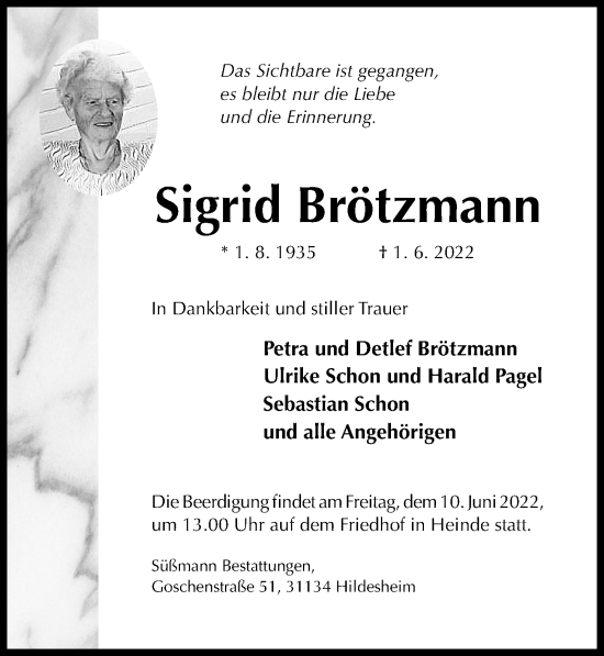 Traueranzeige von Sigrid Brötzmann von Hildesheimer Allgemeine Zeitung