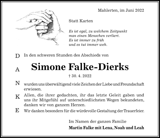 Traueranzeige von Simone Falke-Dierks von Hildesheimer Allgemeine Zeitung