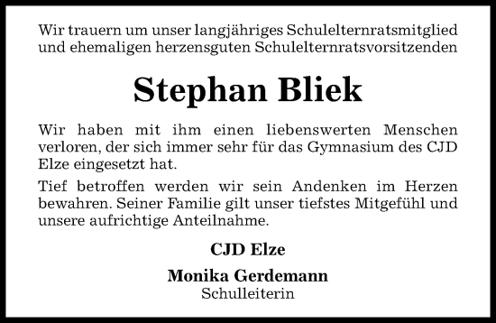 Traueranzeige von Stephan Bliek von Hildesheimer Allgemeine Zeitung
