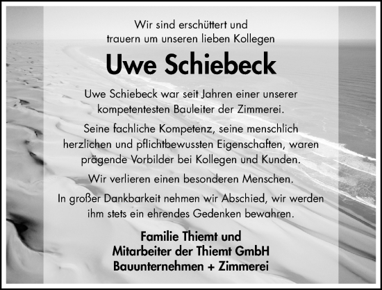 Traueranzeige von Uwe Schiebeck von Hildesheimer Allgemeine Zeitung