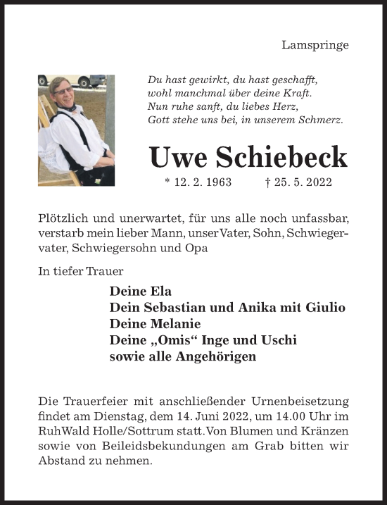 Traueranzeige von Uwe Schiebeck von Hildesheimer Allgemeine Zeitung