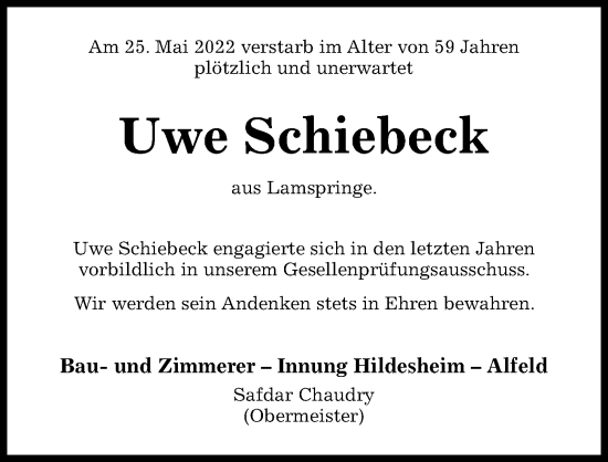 Traueranzeige von Uwe Schiebeck von Hildesheimer Allgemeine Zeitung