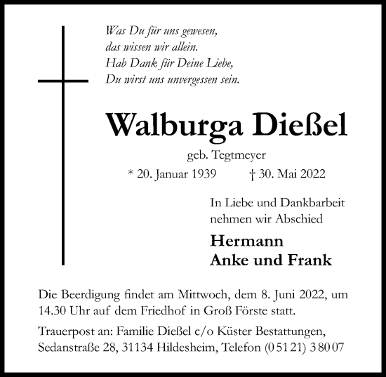 Traueranzeige von Walburga Dießel von Hildesheimer Allgemeine Zeitung