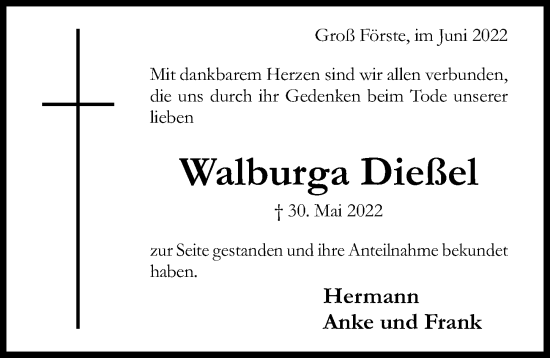 Traueranzeige von Walburga Dießel von Hildesheimer Allgemeine Zeitung