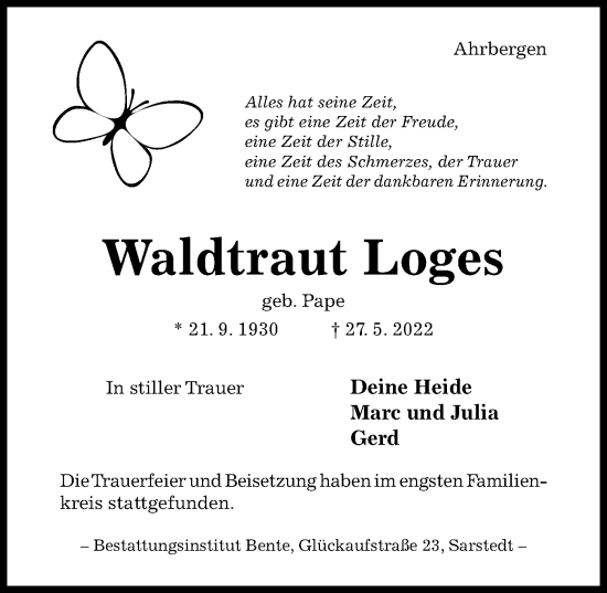 Traueranzeige von Waldtraut Loges von Hildesheimer Allgemeine Zeitung