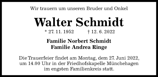 Traueranzeige von Walter Schmidt von Hildesheimer Allgemeine Zeitung