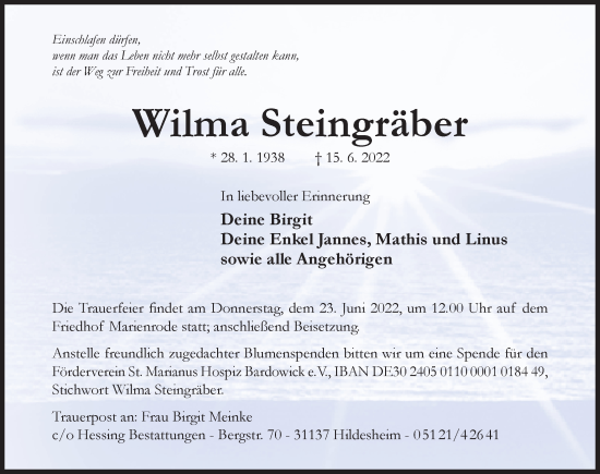 Traueranzeige von Wilma Steingräber von Hildesheimer Allgemeine Zeitung