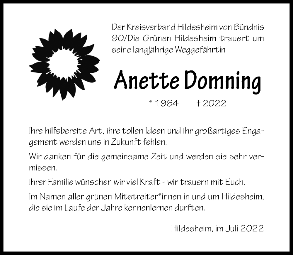  Traueranzeige für Anette Domning vom 28.07.2022 aus Hildesheimer Allgemeine Zeitung