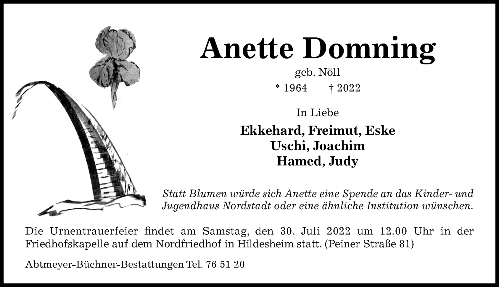  Traueranzeige für Anette Domning vom 28.07.2022 aus Hildesheimer Allgemeine Zeitung