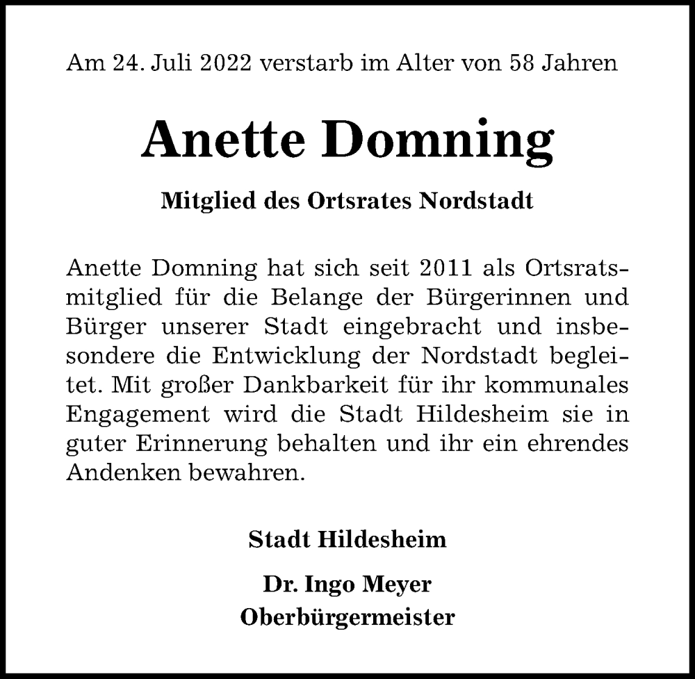  Traueranzeige für Anette Domning vom 28.07.2022 aus Hildesheimer Allgemeine Zeitung