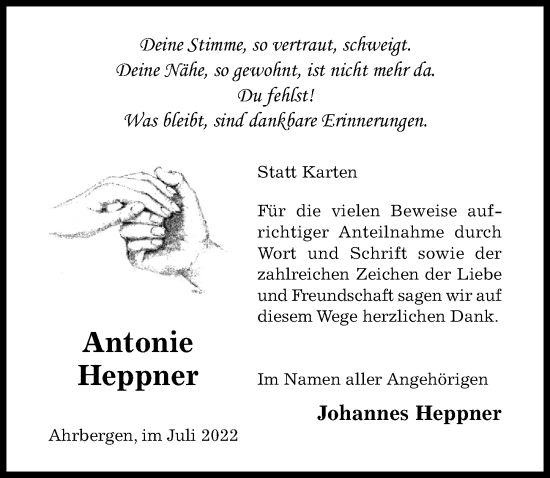 Traueranzeige von Antonie Heppner von Hildesheimer Allgemeine Zeitung