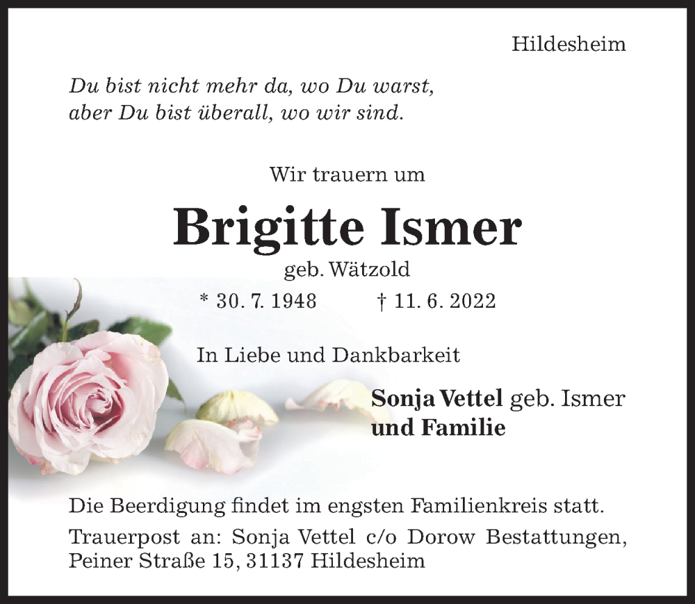  Traueranzeige für Brigitte Ismer vom 06.07.2022 aus Hildesheimer Allgemeine Zeitung