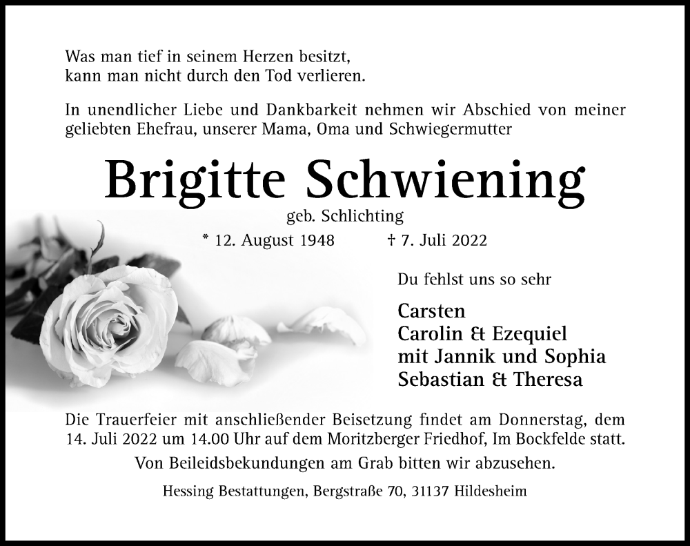 Traueranzeigen Von Brigitte Schwiening Trauerportal Hildesheimer Allgemeine Zeitung 0105