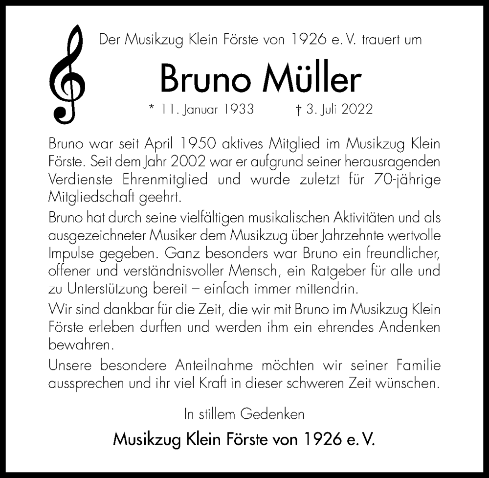  Traueranzeige für Bruno Müller vom 07.07.2022 aus Hildesheimer Allgemeine Zeitung