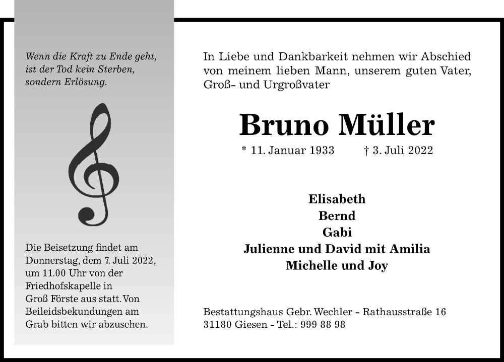  Traueranzeige für Bruno Müller vom 05.07.2022 aus Hildesheimer Allgemeine Zeitung