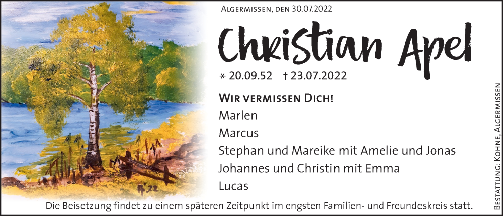  Traueranzeige für Christian Apel vom 30.07.2022 aus Hildesheimer Allgemeine Zeitung