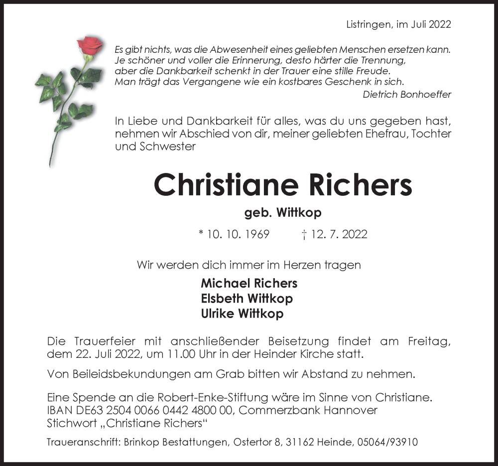  Traueranzeige für Christiane Richers vom 20.07.2022 aus Hildesheimer Allgemeine Zeitung