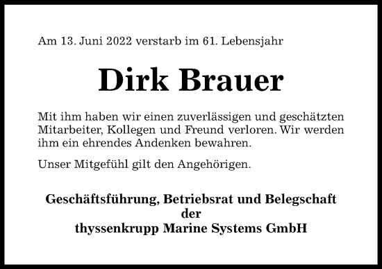 Traueranzeige von Dirk Brauer von Hildesheimer Allgemeine Zeitung