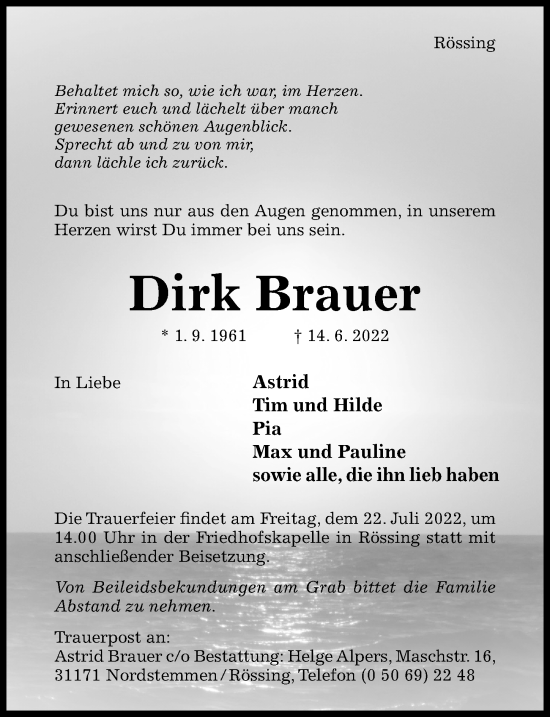 Traueranzeige von Dirk Brauer von Hildesheimer Allgemeine Zeitung