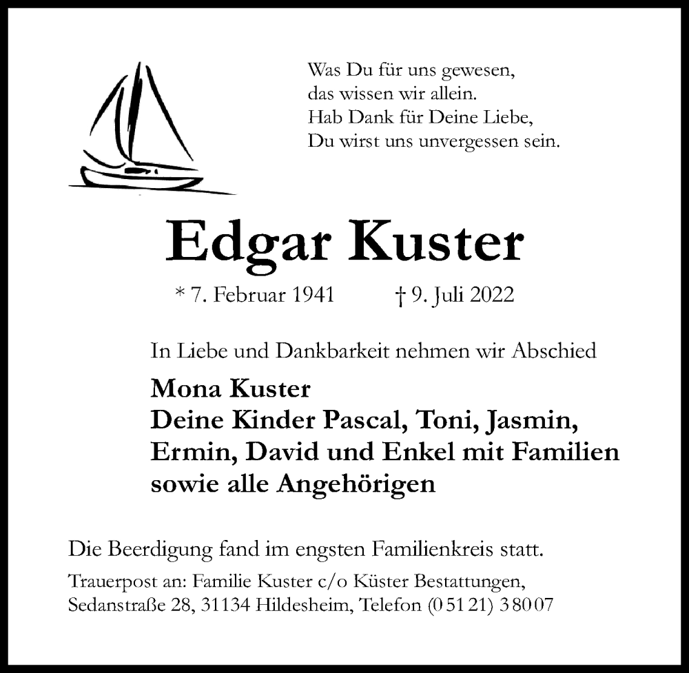 Traueranzeigen Von Edgar Kuster | Trauerportal Hildesheimer Allgemeine ...