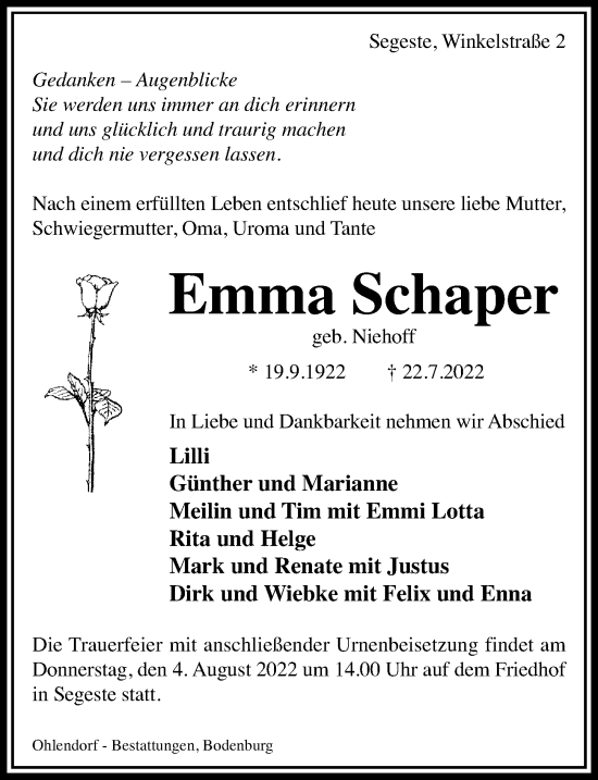 Traueranzeige von Emma Schaper von Hildesheimer Allgemeine Zeitung