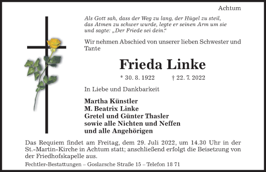 Traueranzeige von Frieda Linke von Hildesheimer Allgemeine Zeitung