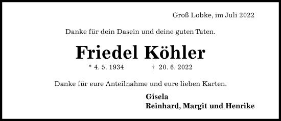 Traueranzeige von Friedel Köhler von Hildesheimer Allgemeine Zeitung