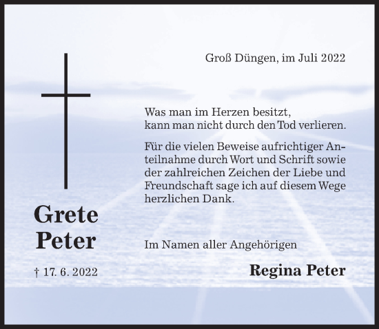 Traueranzeige von Grete Peter von Hildesheimer Allgemeine Zeitung