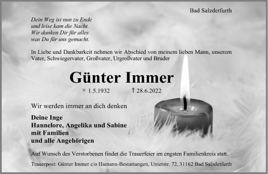 Traueranzeige von Günter Immer von Hildesheimer Allgemeine Zeitung