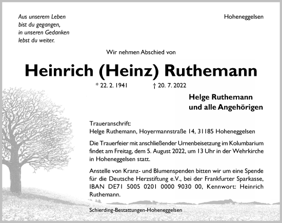 Traueranzeige von Heinrich Ruthemann von Hildesheimer Allgemeine Zeitung