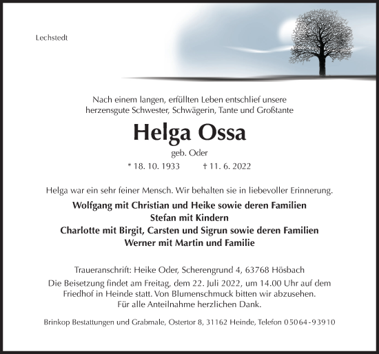 Traueranzeige von Helga Ossa von Hildesheimer Allgemeine Zeitung