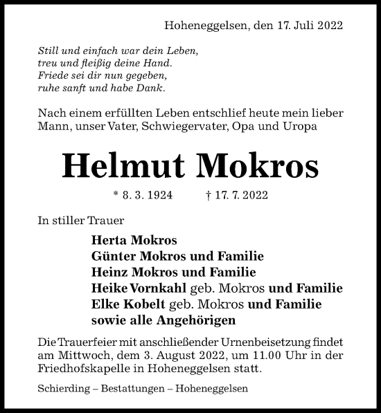 Traueranzeige von Helmut Mokros von Hildesheimer Allgemeine Zeitung