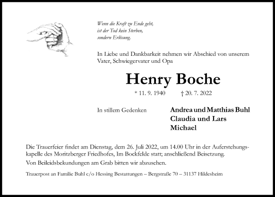 Traueranzeige von Henry Boche von Hildesheimer Allgemeine Zeitung