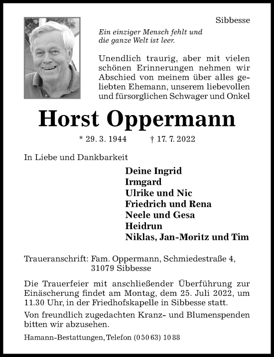 Traueranzeige von Horst Oppermann von Hildesheimer Allgemeine Zeitung