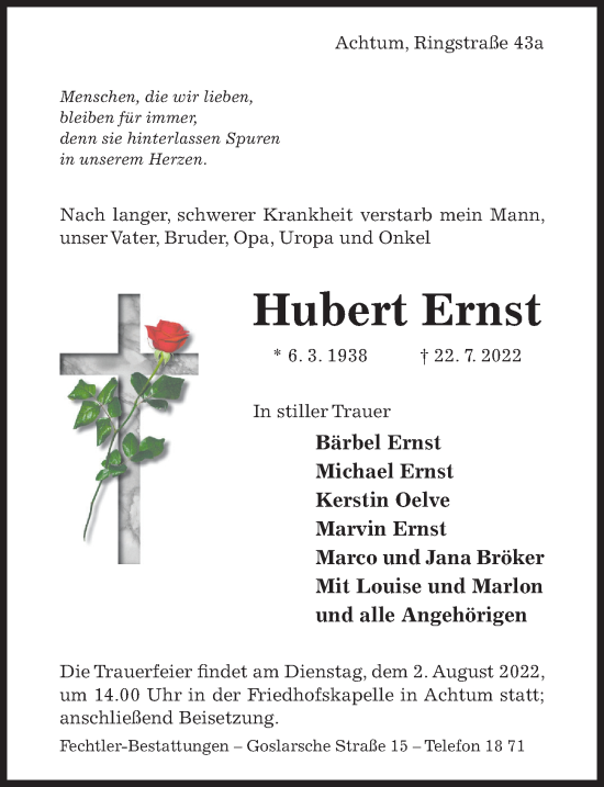 Traueranzeige von Hubert Ernst von Hildesheimer Allgemeine Zeitung