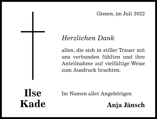 Traueranzeige von Ilse Kade von Hildesheimer Allgemeine Zeitung