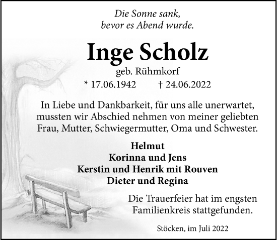 Traueranzeige von Inge Scholz von Hildesheimer Allgemeine Zeitung