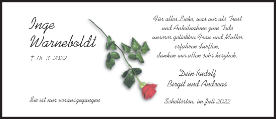 Traueranzeige von Inge Warneboldt von Hildesheimer Allgemeine Zeitung