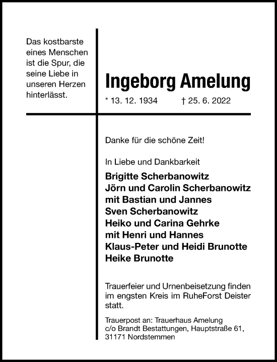 Traueranzeige von Ingeborg Amelung von Hildesheimer Allgemeine Zeitung