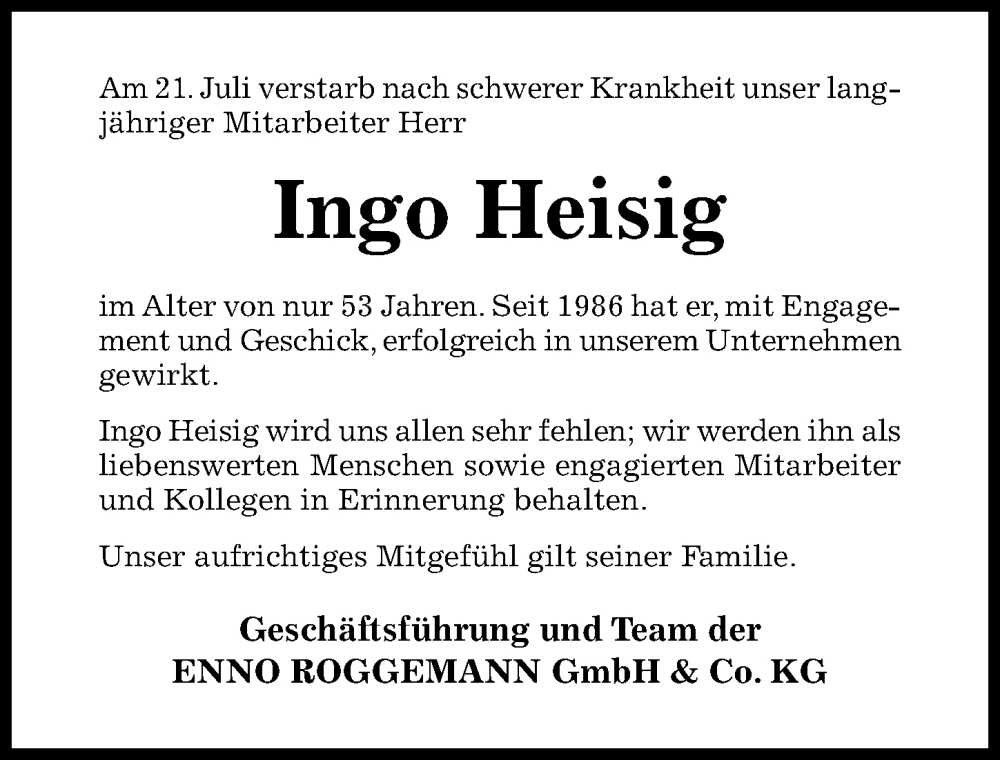  Traueranzeige für Ingo Heisig vom 27.07.2022 aus Hildesheimer Allgemeine Zeitung