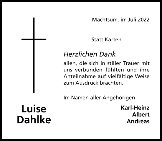 Traueranzeige von Luise Dahlke von Hildesheimer Allgemeine Zeitung