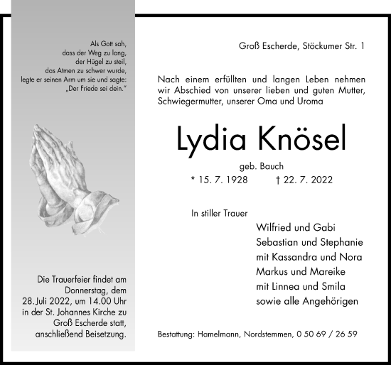 Traueranzeige von Lydia Knösel von Hildesheimer Allgemeine Zeitung