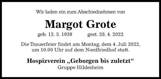 Traueranzeige von Margot Grote von Hildesheimer Allgemeine Zeitung