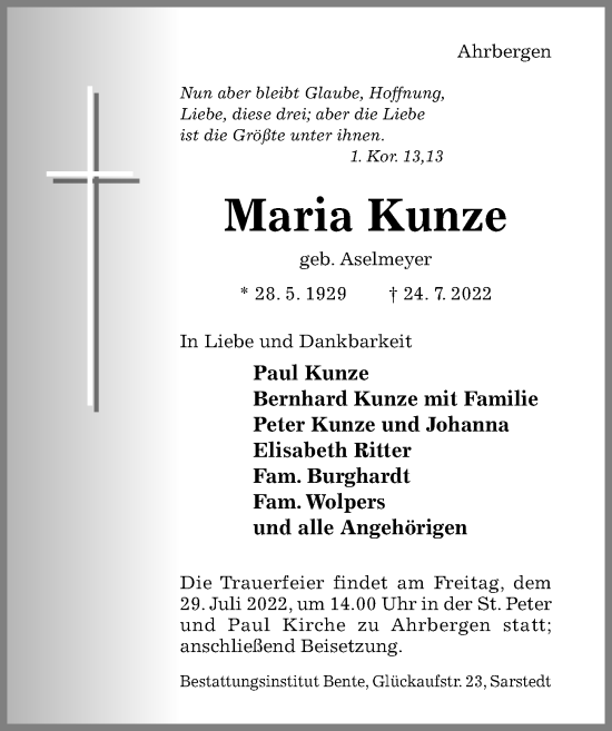 Traueranzeige von Maria Kunze von Hildesheimer Allgemeine Zeitung