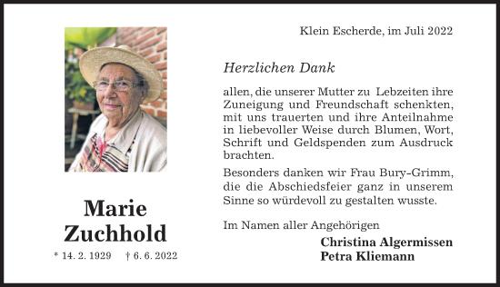 Traueranzeige von Marie Zuchhold von Hildesheimer Allgemeine Zeitung